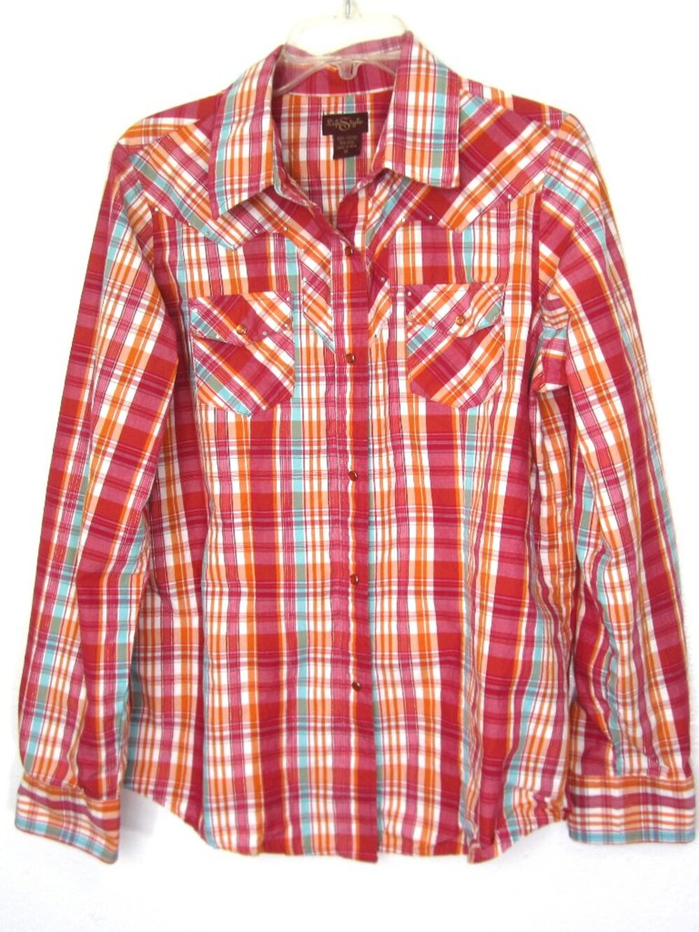 Life Style Size XL Pearl Snap Shirt Top Pink Orange Western Plaid Metallic VGUC